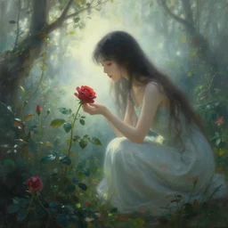 lonely rose in fantasy garden, woman caring for the rose, fantasy world, ethereal back light, mist, coherent composition, detailed fantasy painting, noriyoshi ohrai, yuumei, mark brooks