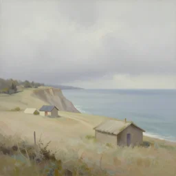 a ranch by a ocean cliff, gray skies, aesthetic, oil painting, pale colors, high detail, 8 k, wide angle, trending on artstation,
