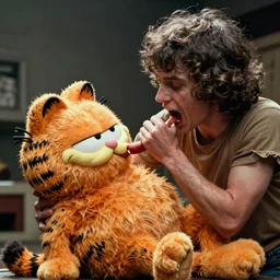 still of Garfield monster feeding off of Jon's soul, horror movie directed by David Cronenberg and Jörg Buttgereit (1973), dramatic photography, look what you have done, existence is pain
