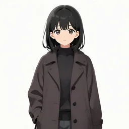 A cute manga girl wearing a very stylish coat with popped collars by krenz cushart, black medium length Dutch bob cut hair with straight bangs, dark eyes, black and white charcoal sketch, Huke, trending on artstation