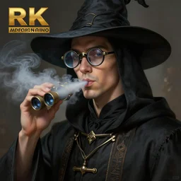 an anthropomorphic beautiful male scientist portrait blowing smoke wearing black hoodie robe, binoculars glasses, fine art, award winning, intricate, elegant, sharp focus, octane render, hyperrealistic, wizard hat cinematic lighting, highly detailed, digital painting, 8 k concept art, art by jamie hewlett and z. w. gu, masterpiece, trending on artstation, 8 k