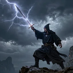 wizard holding a sword that’s getting shocked by lightning towards the sky