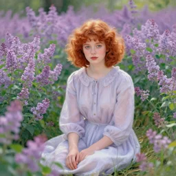 portrait of cute girl with short curly red hair sitting in a field of lilac flowers, Monet painting