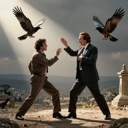 detailed realistic shot nicholas cage fights birds hitchcock film
