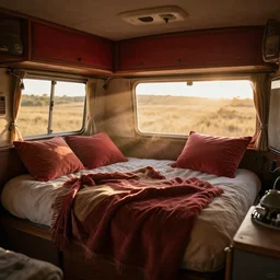 small camper interior, bed with blankets, pillows, red and brown interior, golden hour, western, dust, nostalgic, godrays, soft lighting, digital art, cozy, highly detailed, trending on artstation