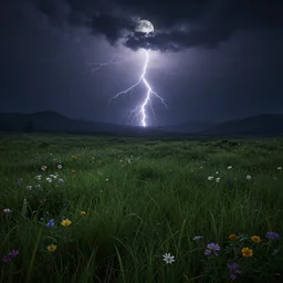 grass landscape with flowers with mountains far in the background. Scary dark atmosphere, intense lightning, dark night moon, unreal engine 5 render, octane render, high quality render, HDR