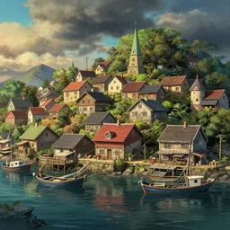 a hyper detailed hyper realistic 3 - d rendering of quaint fishing village, studio ghibli, octane render, 8 k, dramatic lighting