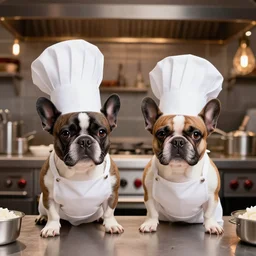 a 8k highly detailed still photo by David Bailey of Two multi-colored French Bulldogs in chef hats and aprons starring on a cooking show, a high end restaurant kitchen in the background, bokeh