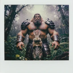 photograph by discovery channel! full shot!! armored hulked oversized barbarian rugged rabbit, fog, in deep jungle forest jungle, overcast!!! cinematic focus, polaroid photo, vintage, neutral colors, soft lights, foggy, by steve hanks, by serov valentin, by lisa yuskavage, by andrei tarkovsky