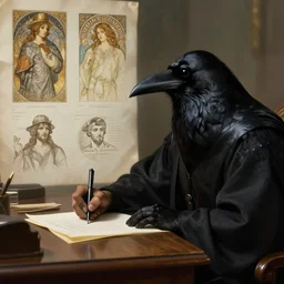 a raven scholar writing at his desk. character sheet, character design, contrast, deep focus, turnaround, highly detailed, dramatic lighting, digital painting, artstation, concept art, matte, sharp focus, illustration, elegant, art by artgerm and greg f and alphonse mucha.
