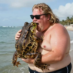 a leaked dramatic photo of a fat man kissing the worlds largest froglet. the fat man is very very sweaty, has long blonde hair, is wearing a swimsuit, 1 9 9 8 sunglasses and he is screaming in pleasure
