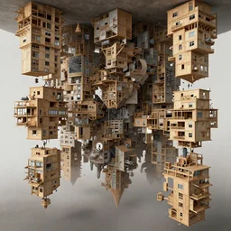a swarm of parts intertwined, upside down, escher, paradox, kitbash, greeble, timber construction, building in a building, social housing, perspective, wide angle, h. r giger, robert motherwell, francias bacon painter, mike kelley, clo 3 d, fog, hyperrealistic, ultra realism, 8 k, octane render, production design, concept design