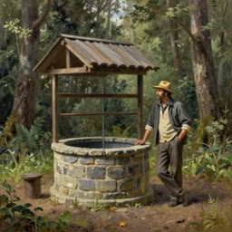 a man resting beside an old well, in a forest, highly detailed, oil painting, masterpiece, nature, medieval art, romanticism, award winning, realistic, classical art