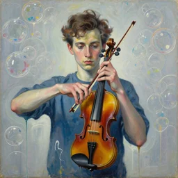 portrait of a young violinist focusing and violin hanging in air painted by vincent lefevre and hernan bas and pat steir and hilma af klint, psychological, symmetrical face, dripping paint, washy brush, background with hundreds of bubbles by andreas gursky, rendered in octane, altermodern, masterpiece
