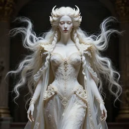 renaissance style a wonderful woman albino goddess with a wonderful face and realistic body with long intricate hair with a beautiful porcelain symmetrical body dressed with a majestic warp ornate semi transparent cream long cotton dress, hightly ornate, intricate, detailed, dramatic light, cinematic, award winning, octane render, tom bagshaw style
