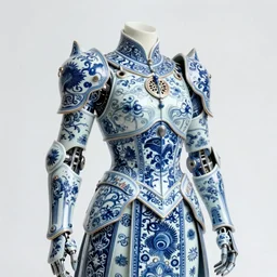 porcelain cyborg armor, Chinese Blue and white porcelain 14th century, diffuse lighting, fantasy, intricate, elegant, highly detailed, lifelike, photorealistic, digital painting, artstation, illustration, concept art, smooth, sharp focus, art by John Collier and Albert Aublet and Krenz Cushart and Artem Demura and Alphonse Mucha