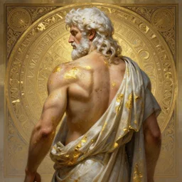 painted back portrait of rugged zeus greek god by greg rutkowski craig mullins artgerm alphonse mucha, messy splashed gold paint, white hair handsome muscular upper body mature flowing robe [ ancient greek motifs ] background fantasy intricate elegant detailed digital painting concept art artstation sharp focus illustration