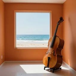 a room with orange walls white floor contrabas, a big window with a view of the beach and sea, beautiful cinematic masterpiece very detailed