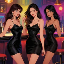 sensual beautiful young delhi girls wearing western little black dresses at a bar, epic scene, by victo ngai, kilian eng vibrant colours, dynamic lighting, digital art, winning award masterpiece, fantastically beautiful, illustration, aesthetically inspired by beksinski and dan mumford, trending on artstation, art by greg rutkowski, 8 k