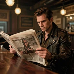 man reading newspaper in a bar, dieselpunk