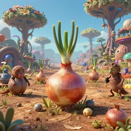 a photo of several beings on a highly colourful alien planet where a humanoid species are evolved from onions, there are strange trees in the backgroun, highly detailed, high colour