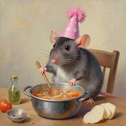 a beautiful painting of rat in chief hat cooking a soup