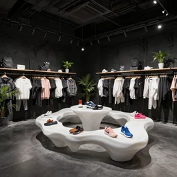 fzd school of design nike boutique flagship retail. gothic styled black interior. white sensual flowing furniture!!! with colorful shoes and varied clothes. low ceilings with rails and spots. plants. muted colors., hyperdetailed environment