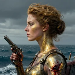 portrait of british woman :: side profile :: in ocean :: guns and bullets ::  metallic details :: gold :: blood and horror ::  by marvel and Sandra Chevrier