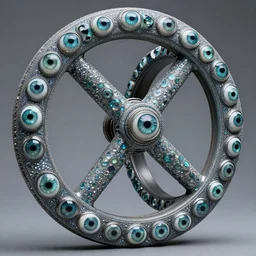 a wheel sparkling as if made of beryl with a second wheel turning crosswise within it. the rims of the four wheels are tall and frightening, and they are covered with eyes all around, ultrarealistic