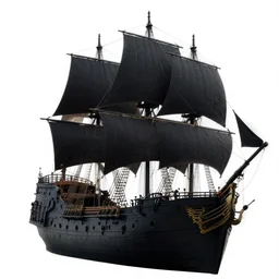 A large black pirate ship with huge sails, covered by black tar. The ship waits in the white stone pier. Fantasy digital painting by Greg Rutkowski. Fantasy. Digital painting. Greg Rutkowski. Fantasy artwork.