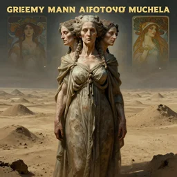 hyperrealist portrait of an ancient old three - headed woman standing in a vast empty space with mounds of clay here and there by jeremy mann and alphonse mucha and alan lee, fantasy scifi art, photo realistic, dynamic lighting, artstation, poster, volumetric lighting, very detailed faces, award winning, full face, symmetry
