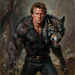 realistic portrait beautiful painting from scene in rocky balboa movie, when human mutate into a berserk werewolf. horror, created by thomas kinkade and gustave courbet.