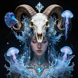 goddess macro shouler portrait from bottom to top in crown made of ram skull. betta fish, jellyfish phoenix, bioluminiscent, plasma, ice, water, wind, creature, super intricate ornaments artwork by tooth wu and wlop and beeple and greg rutkowski