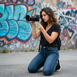 an urban photo, with graffiti in the background and a kneeling urban girl, camera sony a 7 c, lens sony 1 6 - 3 5 mm f / 2. 8
