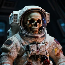 movie film still of a skull in a spacesuit in a spaceship, astronaut, highly detailed, 4 k, dark, grimy, colourful, cyberpunk, science fiction, cosmic, horror, blood, by david fincher