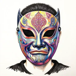 portrait of a person wearing a really cool mask, colorpen and ink, neon, intricate line drawings, by craig mullins, ruan jia, kentaro miura, greg rutkowski