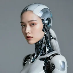 portrait of a beautiful female part human part robot
