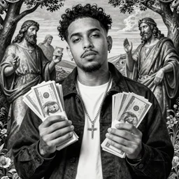 highly accurate fredo santana rapper holding stacks of cash, biblical image, style of gustave dore, highly detailed, beautiful, high contrast, black and white