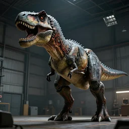 mecha t-rex in a hangar, dramatic lighting, cinematic, establishing shot, extremely high detail, foto realistic, cinematic lighting, post processed, concept art, artstation, matte painting, style by eddie mendoza, raphael lacoste, alex ross