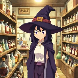 anime shikishi of a young witch shopping in a alchemist's potion shop interior, cute face by ilya kuvshinov, kyoani, artgerm, krenz cushart, wlop, hiroaki samura, yoshinari yoh, james jean, katsuhiro otomo, loish, iyashike, cel shaded, anime poster