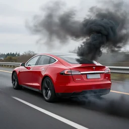 A red Tesla Model S rolling coal on the autobahn with a huge black smoke coming from the rear, black smoke, black smoke, rolling coal