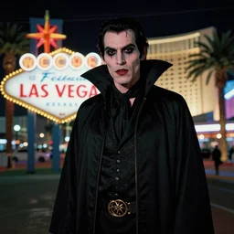 35mm kodak portra photograph of a darkwave vampire on the Las Vegas strip at night by tom bagshaw, cinematic, hyper realism, high detail, octane render, 8k highly professionally detailed, trending on artstation, CGsociety, HDR, concept art