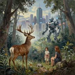 a detailed fantasy painting of a deer in a forest looking at a robot city, by lauri blank, artgerm, evelyn de morgan, 8K, 50mm lens