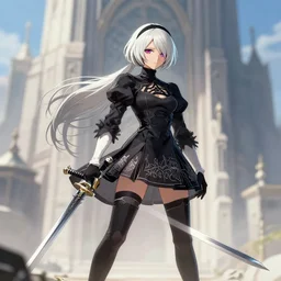 2B from Nier Automata and with slender body type with long hair standing in front of a large building holding a sword, cartoon illustration, trending in artstation, artstationHD, artstationHQ, 8k
