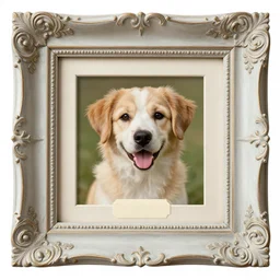 painted wooden frame, elegant, 1 9 2 0 s, for a square picture of a happy dog. the frame is ornate and has room for the name tag of the dog. digital art