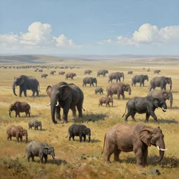 gigantic creatures of the great wild plains, hd photograph painting surreal trippy numerous beasts on an open plain
