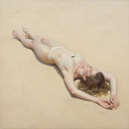 a woman laying in the sand, oil painting, pale colors, high detail, 8 k, wide angle, trending on artstation