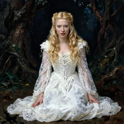 a full length portrait of  mischievous, dangerous young,  blonde Galadriel! (young Cate Blanchett), dressed in a lumnious lacy, (((white))) dress. The background is dark, dangerous.  Pre-Raphaelite oil painting, inspired by Henry Meynell Rheam: The Fairy Wood