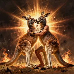 man wrestles a kangaroo, Jim burns, Hildebrandt, artstation, artgerm, kangaroo fight