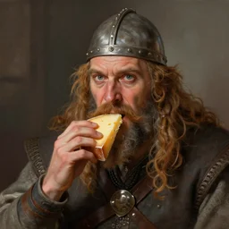 a portrait of Viking eating cheese, highly detailed, digital painting, artstation, concept art, sharp focus, illustration, art by artgerm and greg rutkowski and alphonse mucha